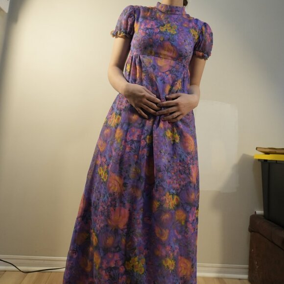 VINTAGE HANDMADE Prairie Cottagecore 70s Short Sleeve Maxi Dress - Size XS/S - Picture 3 of 10